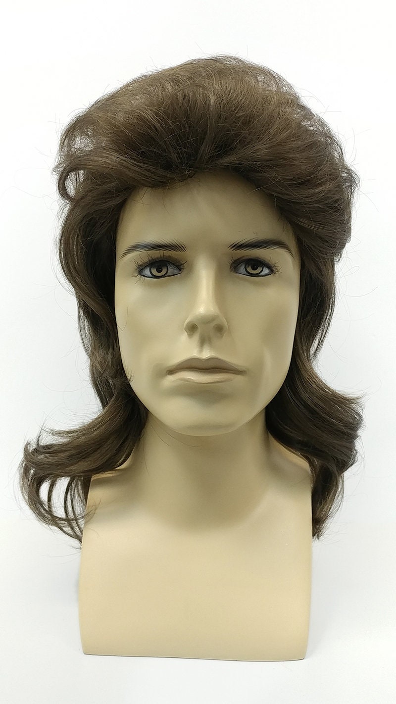 Mens Ash Brown Wavy Long Wig. 80s Style Mullet Brushed Back Costume Cosplay Wig [128-606B-Mel-8]