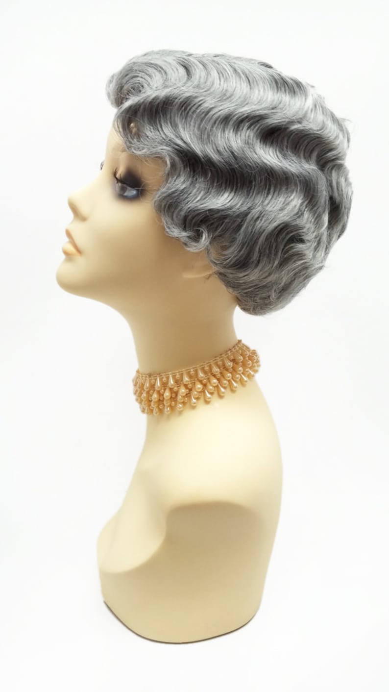 1920s Flapper Headband, Gatsby Headpiece, Wigs 1920s Style Short Salt Pepper Gray Finger Wave Wig. Marcel Wave Vintage Style Costume Wig. Heat Resistant Wig. [69-377-HTBebe-51] $39.99 AT vintagedancer.com