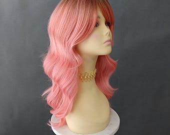 Coral Pink Rooted Long Wavy Bangs Wig Heat Resistant Middle Part Costume 18 Inch [Wren-CoralToffee]