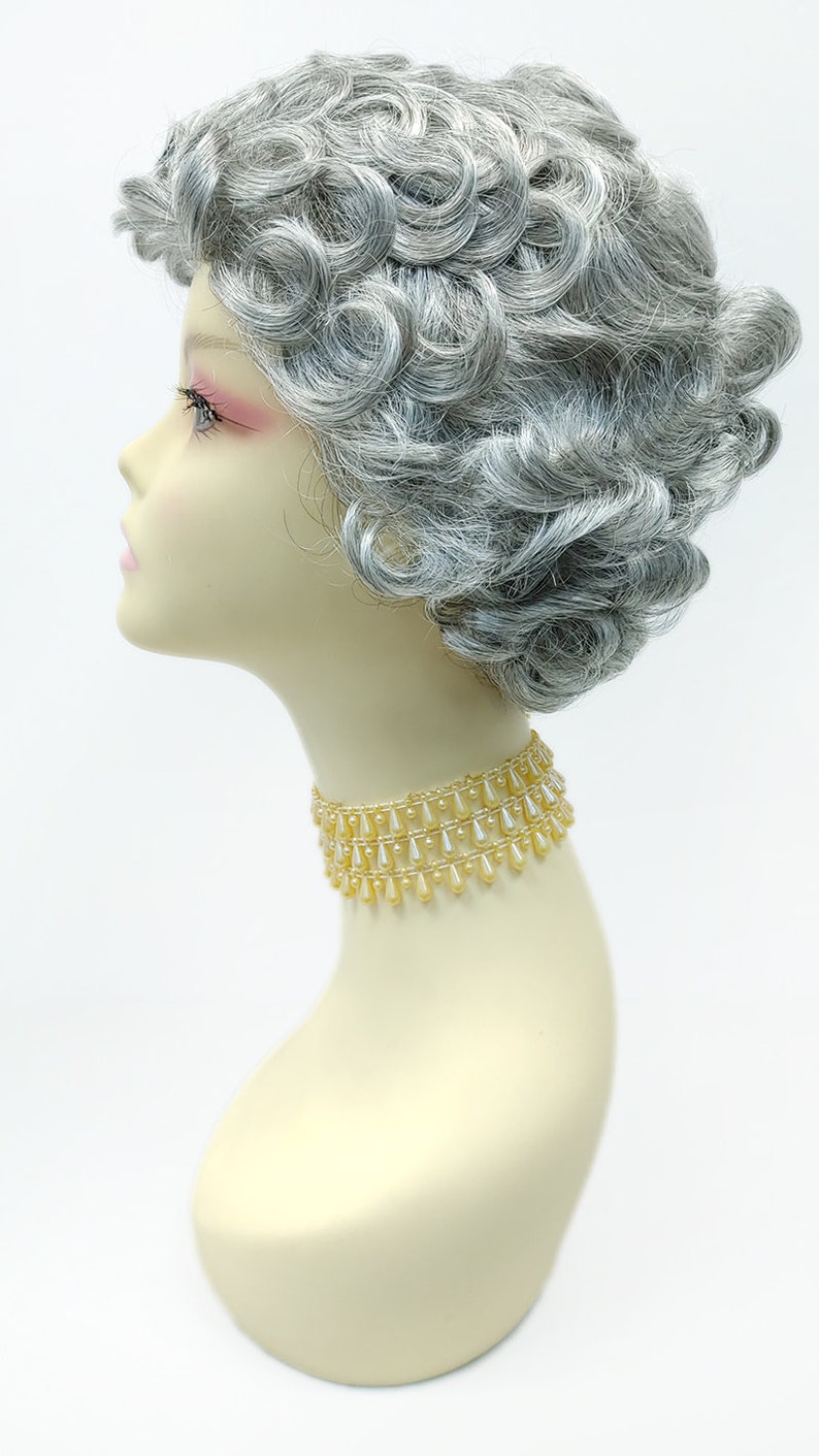 1920s Flapper Headband, Gatsby Headpiece, Wigs Silver Gray Short Curly Synthetic Vintage Fashion Wig [172-837F-Maggie-51] $39.99 AT vintagedancer.com