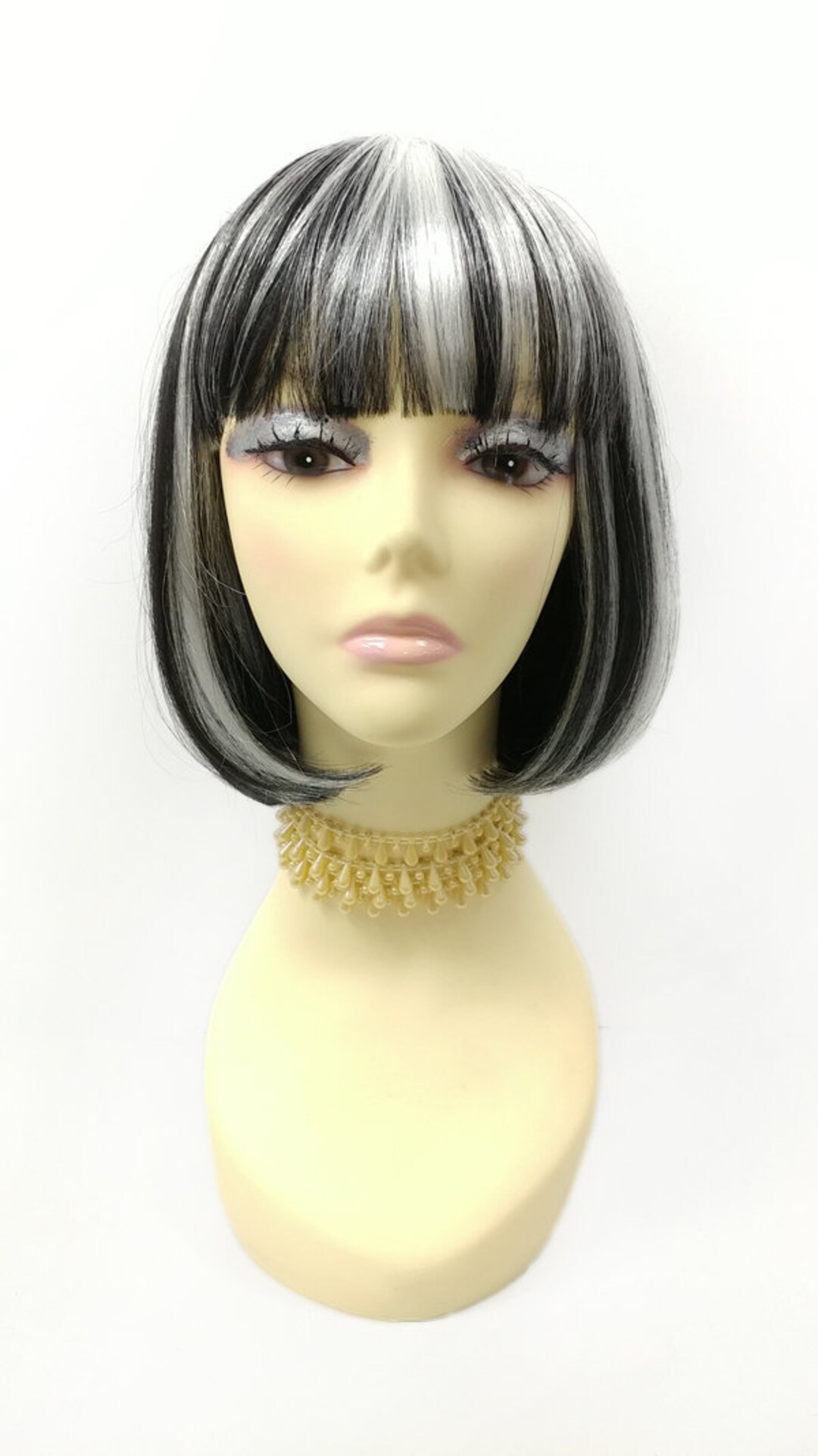 Black With White Streaks Short Bob Wig Straight W/ Bangs. Page - Etsy Norway