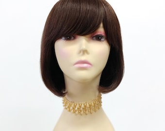 100% Human Hair Dark Brown and Light Brown Mix Straight Pageboy Bob Wig with Bangs [Caeli-6/12]