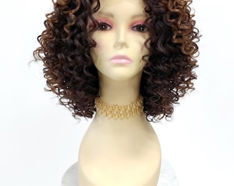 HD Lace Front Dark Brown Highlighted Curly Wig Spiral Curls Layered Heat Resistant 12 Inch [Bellamy-4/30]