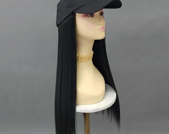 Baseball Cap Hat Wig Off Black Long Straight Heat Resistant Wig 22 Inch [CPAvril-1B]