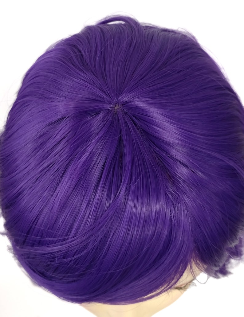 May include: A purple wig with short, straight hair. The wig is styled with a side part and has a natural-looking hairline.