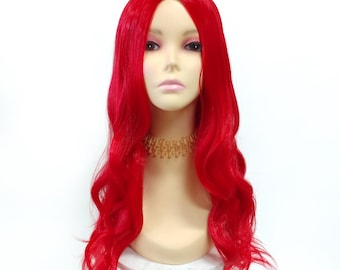 Rote, lange, gewellte, hitzebeständige Perücke mit Mittelscheitel für Kostüm und Cosplay, 66 cm [Rubina-Rot]