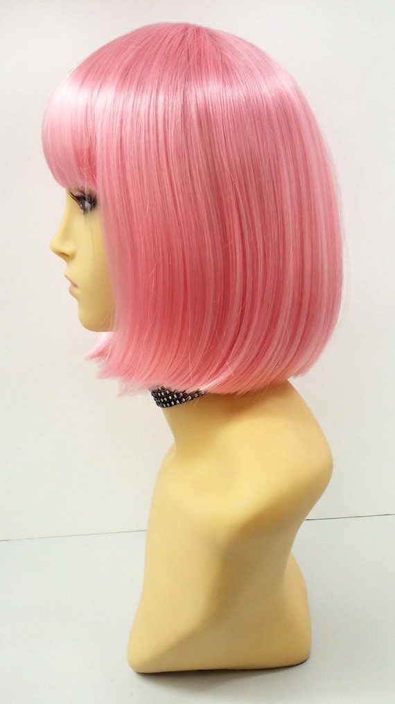 Heat Resistant Pink Short Pageboy Straight Bob Wig Light Pink Short Bob Wig Straight W/ Bangs. Page Boy Wig  main image 3