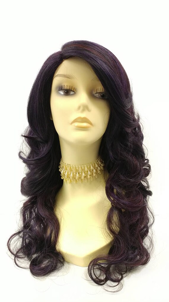 Long 21 Inch Lace Front Purple With Wine Streaks Wavy Wig With Etsy