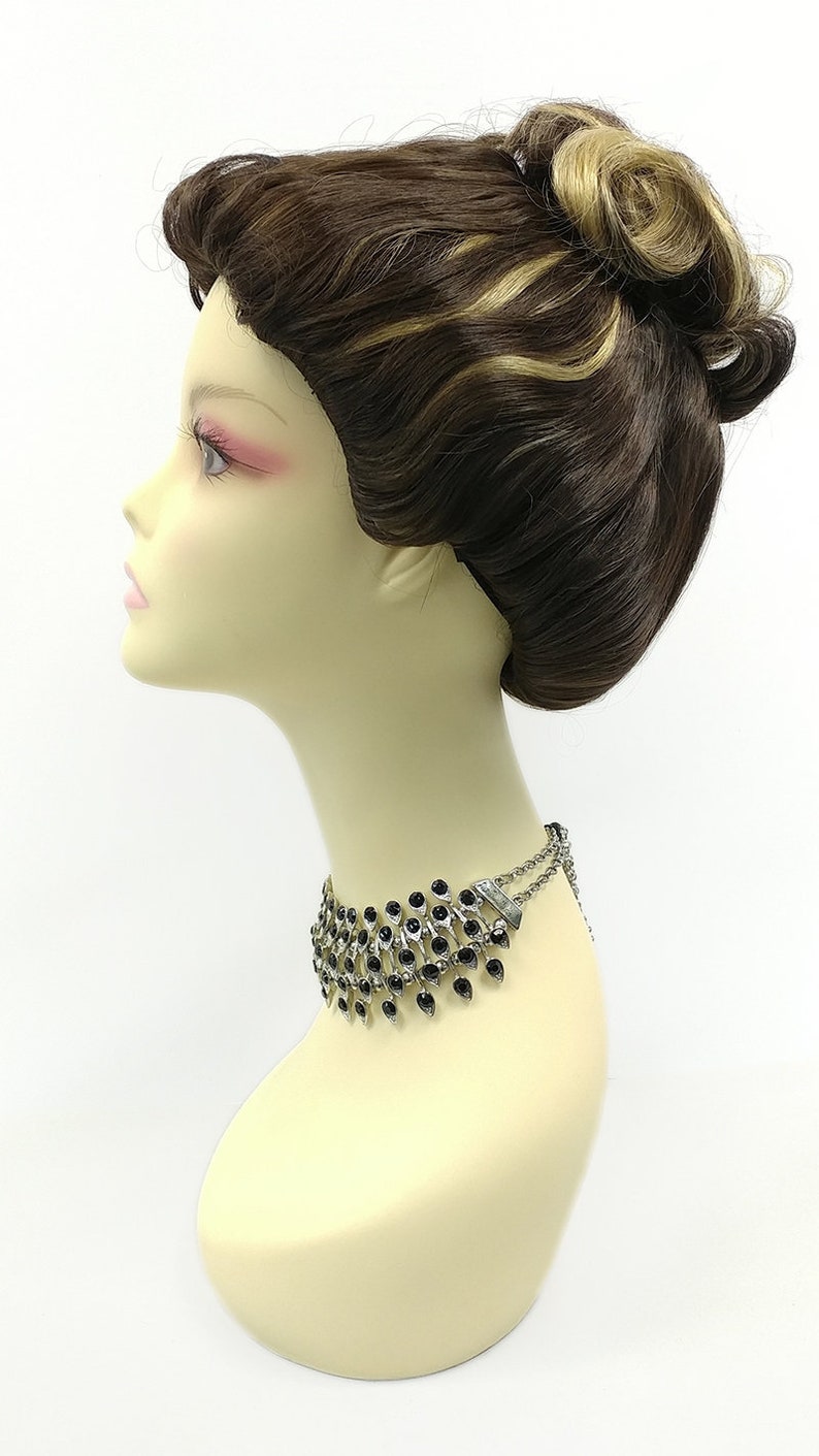 Victorian Wigs, Hair Pieces  | Victorian Hair Jewelry Petite Size Brown with Golden Blonde Streaks Upstyle Costume Wig. Victorian Inspired Wig. Colonial Style Wig [28-171B-Updo-6H24] $45.99 AT vintagedancer.com