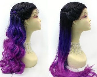 Black Top & Indigo Magenta Mix Lace Front Heat Safe Synthetic Long 28 inch Straight or 23 inch Wavy Braided Wig [131-636B-Daphne-TTInd/Mag]