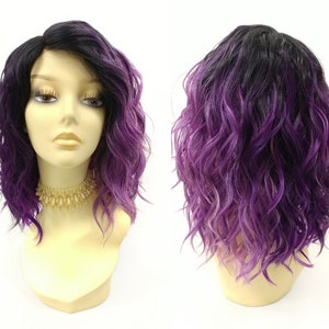 12 Inch Lace Front Dark and Light Purple with Dark Roots Short Wavy Lob Heat Resistant Wig with Side Part [43-228-Fiona-TT/LP-DP]