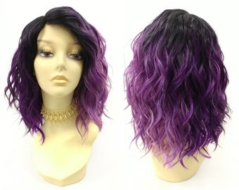 12 Inch Lace Front Dark and Light Purple with Dark Roots Short Wavy Lob Heat Resistant Wig with Side Part [43-228-Fiona-TT/LP-DP]