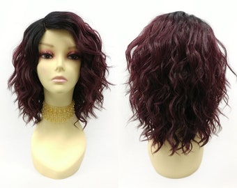 12 Inch Lace Front Dark Wine with Dark Roots Short Wavy Lob Heat Resistant Wig with Side Part [43-229B-Fiona-TT1B/DWine]