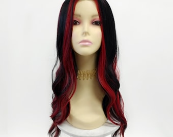 Black and Red Long Wavy Synthetic Wig Middle Part Costume Cosplay 23 Inch [PW9245-BlackRed]
