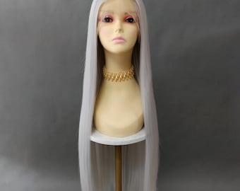 Silver Gray Extra Long Lace Front Wig Pre Plucked Heat Resistant Silky Straight 40 Inch [Siren-Silver]