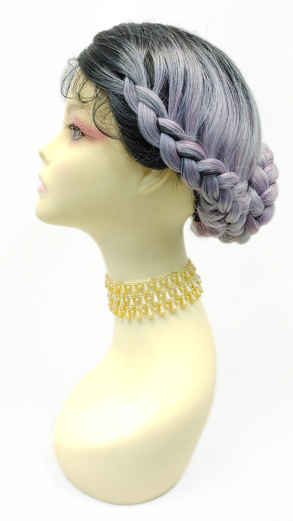 Lavender Purple Gray Lace Front Braided Chignon Bun Center  display picture 1
