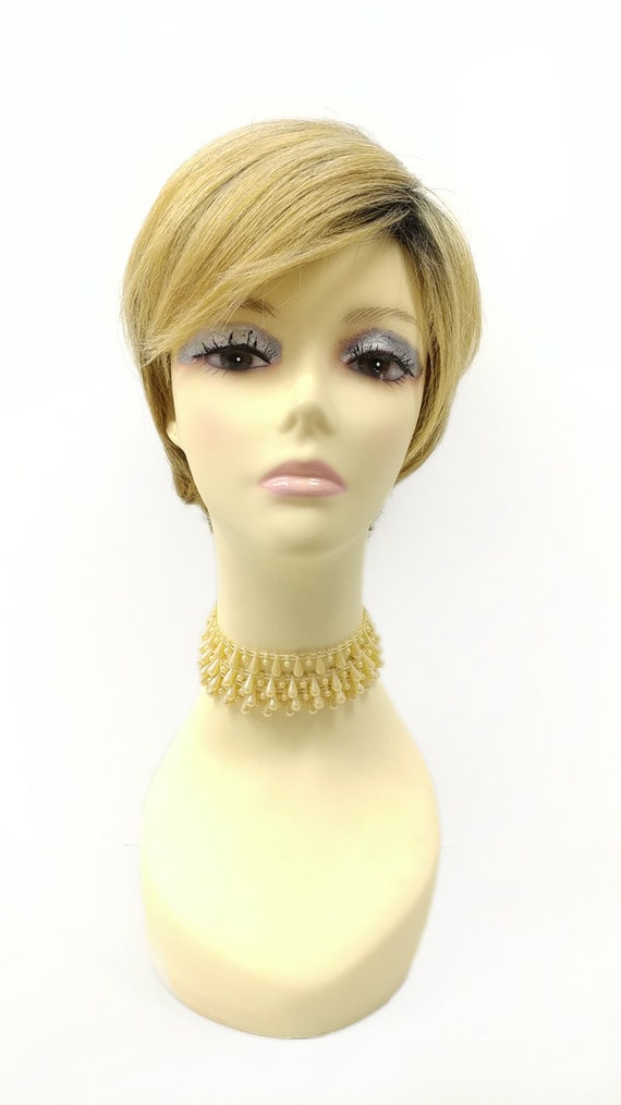 Light Golden Blonde And Light Brown With Dark Roots Short Straight Layered Pixie Cut Swoop Bangs Heat Resistant Wig 146 719 Louise Tt1614