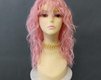 Mens Womens Unisex Long Pink Tousled Wavy Bangs Heat Resistant Retro 80s Rocker Wig 18 Inch [Brody-1]