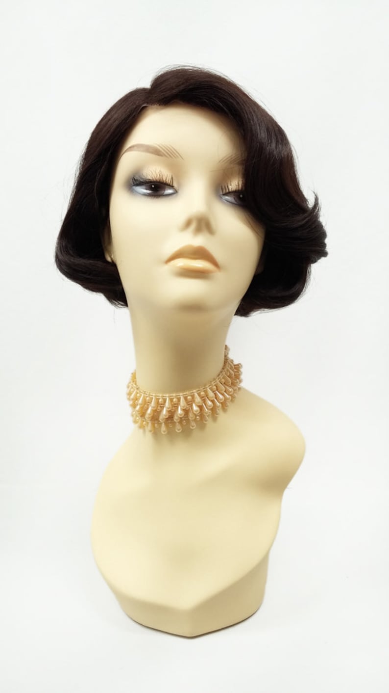 Vintage Hair Accessories: Combs, Headbands, Flowers, Scarf, Wigs Lace Front Short Dark Brown Retro Bob Wig w/ Side Part. 20s 50s Style Heat Resistant Fashion Wig. [110-509-Josie-4] $59.99 AT vintagedancer.com