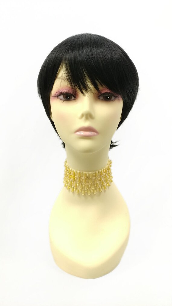 Black Short Straight Tapered Pixie Cut With Bangs Heat Etsy
