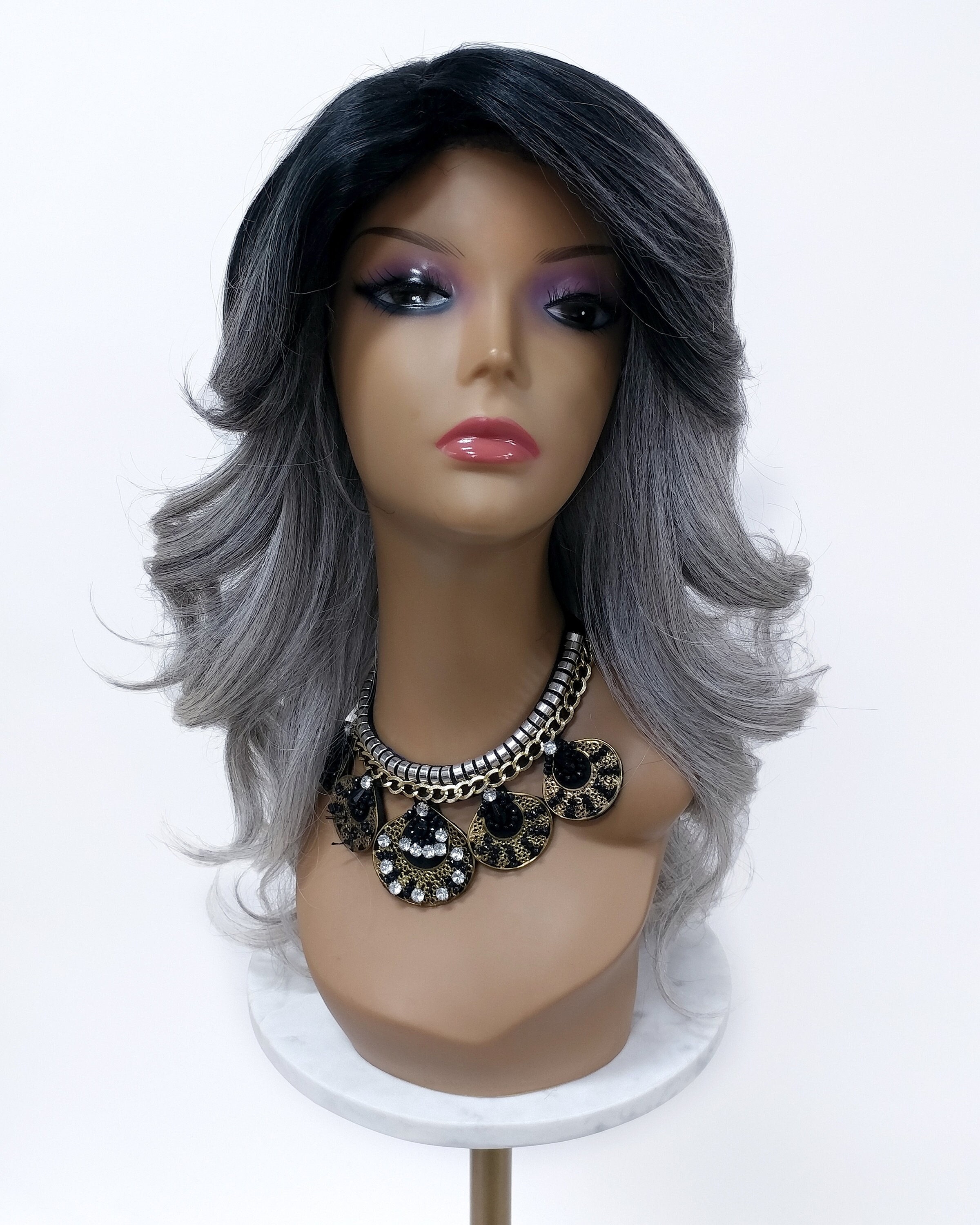 Long Straight Wavy Texturized Gray Ombre Heat Resistant Wig 18 Inch Long Straight and Wavy Coarse Texturized Gray Ombre  main image 3