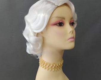 White Finger Wave Costume Wig 1920s Short Wavy Vintage Retro Marcel Flapper Cosplay [Rosie-White]