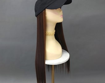 Baseball Cap Hat Wig Dark Brown and Copper Long Straight Heat Resistant Wig 22 Inch [CPAvril-4/30]
