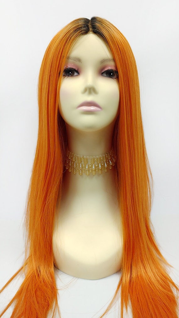 25 Inch Long Straight Layered Autumn Orange With Dark Roots  display picture 1