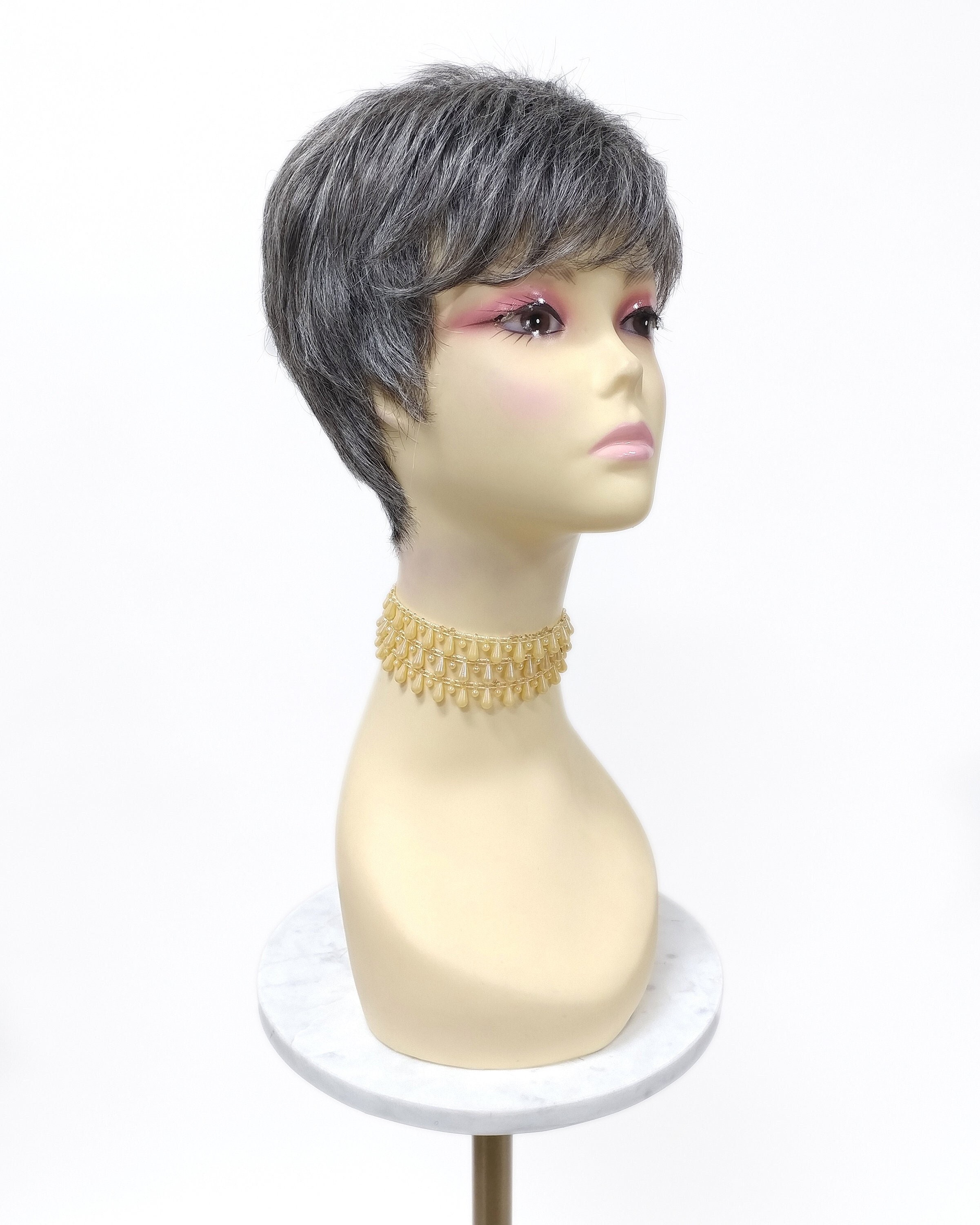Short Salt and Pepper Pixie Cut Wig for Women Layered Synthetic Curly Wig with Short Pixie Cut Layered Wig with Bangs for White Women Pixie  main image 2