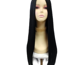 Schwarze, lange, glatte, hitzebeständige Perücke mit Mittelscheitel im Gothic-Hexen-Stil Morticia [Morgana-1B]