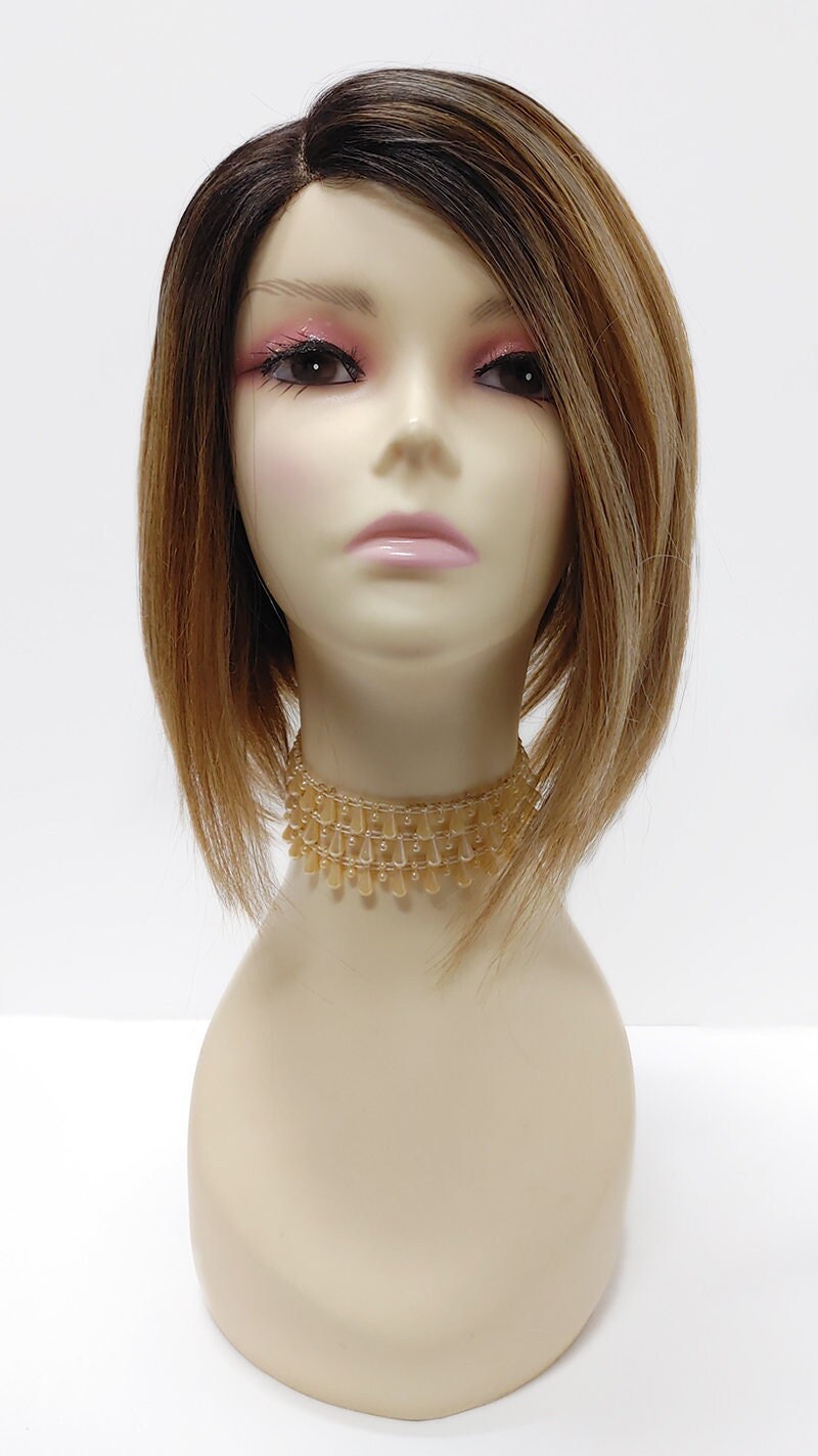 11 Inch Dark Strawberry with Light Blonde Underlayer and Dark Brown Roots Lace Front Heat Safe Straight Angled Bob Wig [32-185-Uma-TT4/2613]