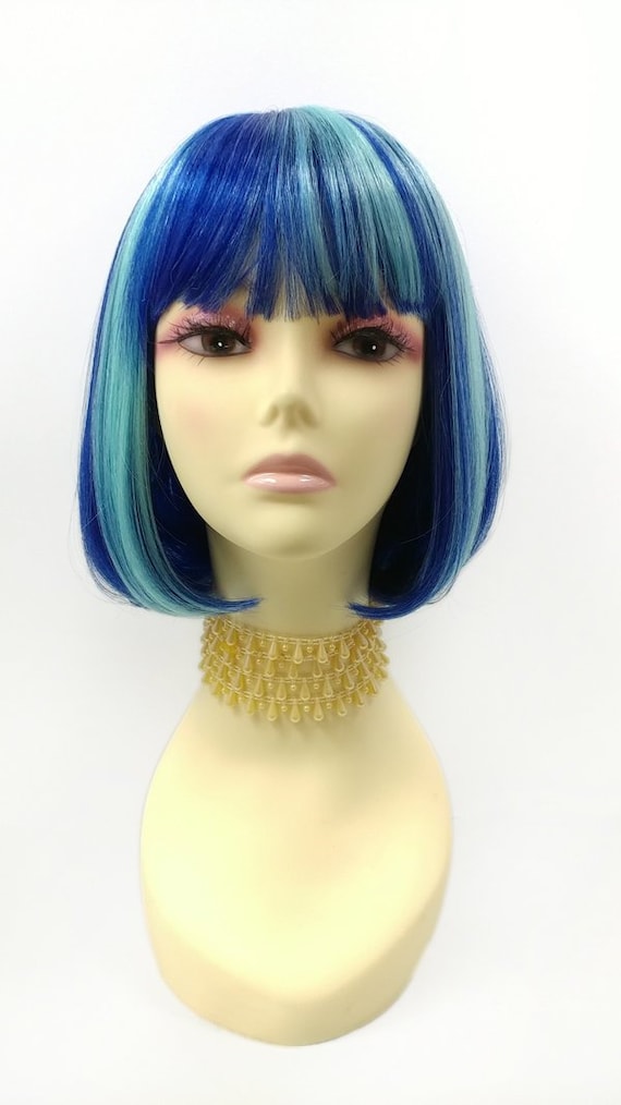 Dark Blue With Light Blue Streaks Short Bob Wig Straight With Etsy