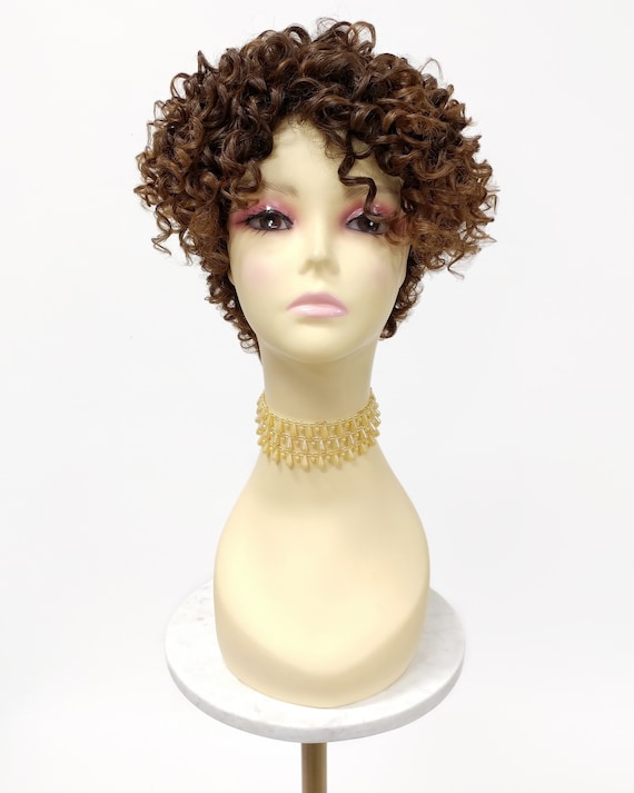 Dark Brown and Dark Copper Short Curly Tapered Wig. Heat  display picture 1