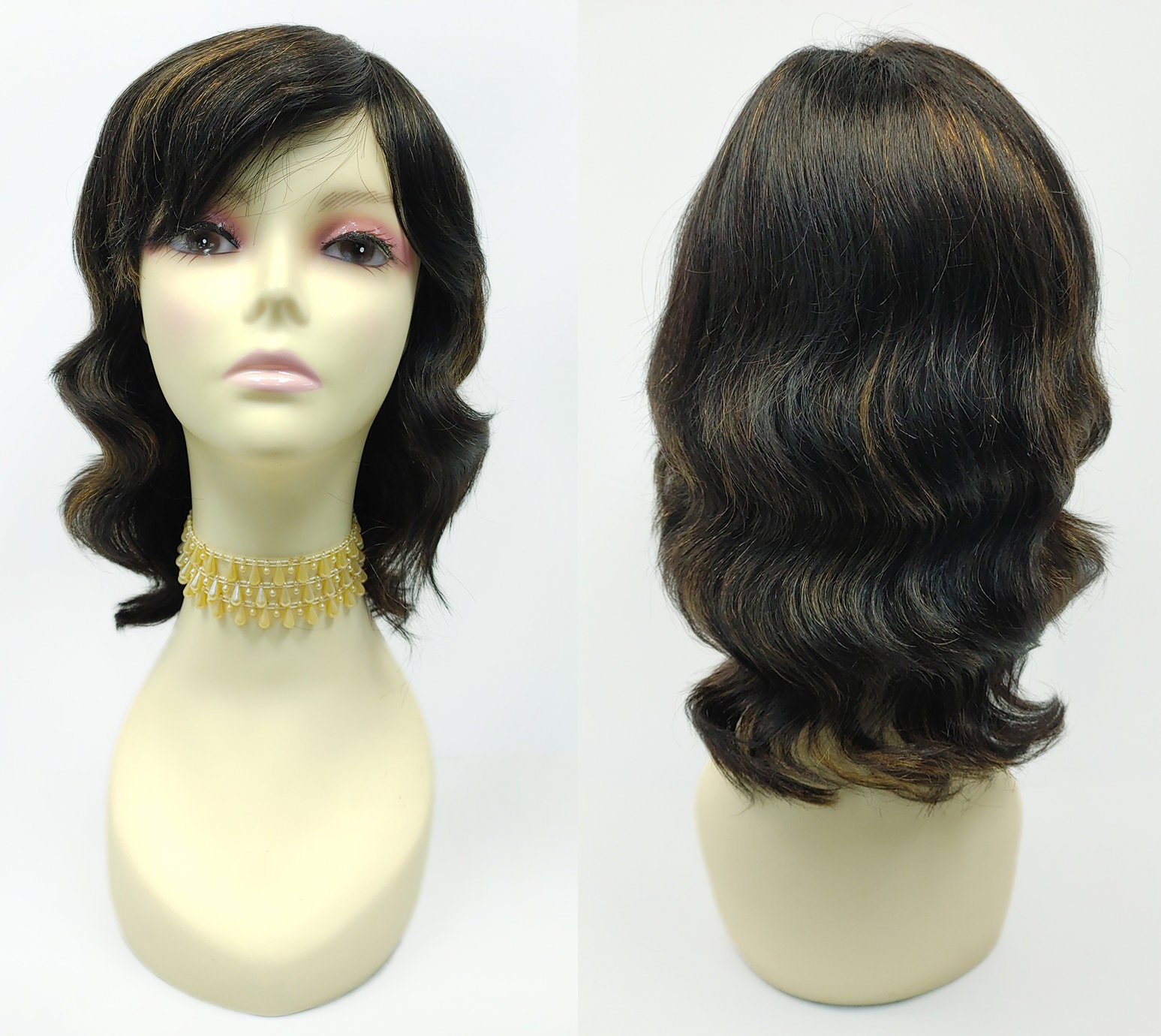 100% Human Hair 12 Inch Off Black with Copper Highlights Wavy Layered Wig with Bangs [117-567B-Ramona-1B/30]