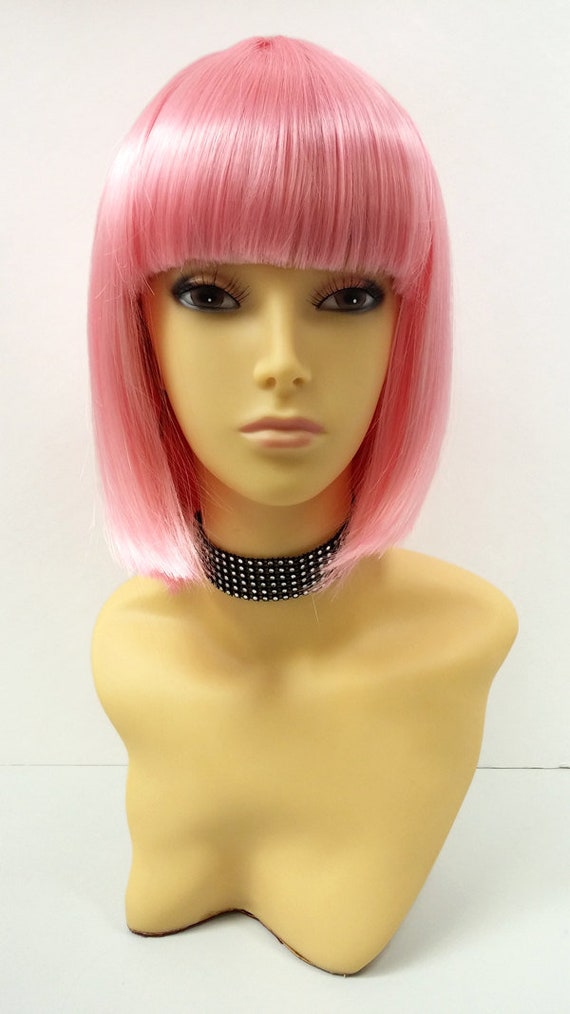 Light Pink Short Bob Wig Straight W/ Bangs. Page Boy Wig 