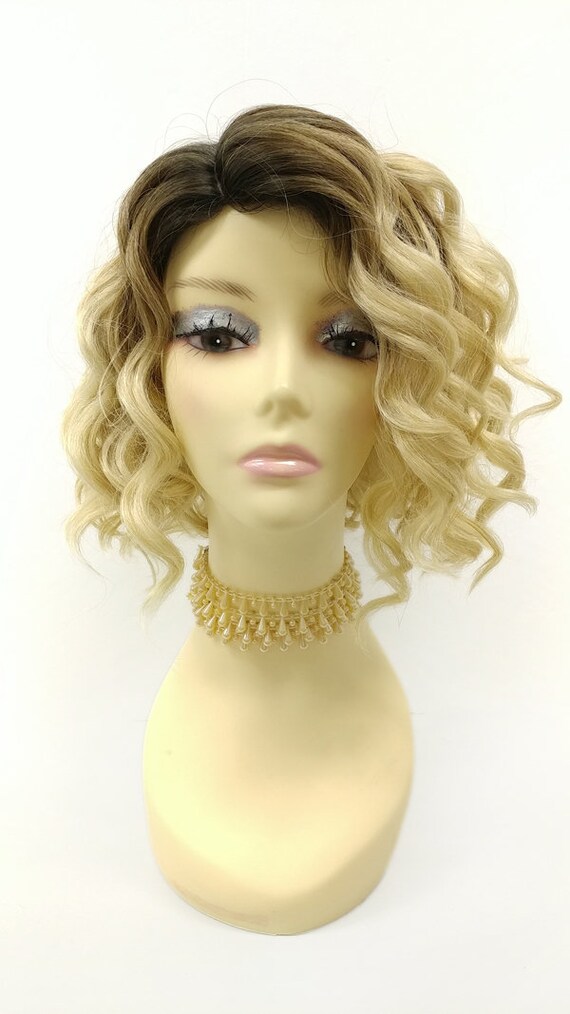 9 Inch Light Blonde W Dark Brown Roots Short Curly Side Skin Etsy