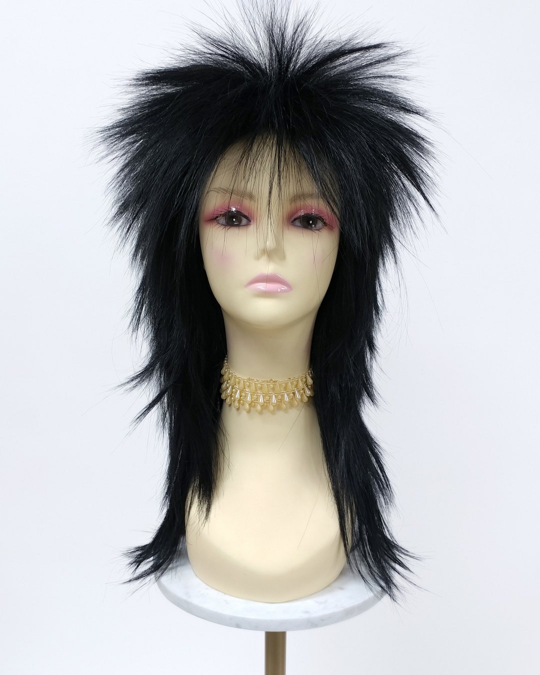 Punk Rock 80s Spiky Costume Wig Black Long Mullet Rockstar Rocker
