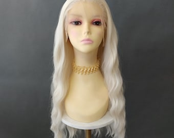 Lace-Front-Perücke, platinblond, lang, gewellt, hitzebeständig, 24 Zoll [Faye-613A]