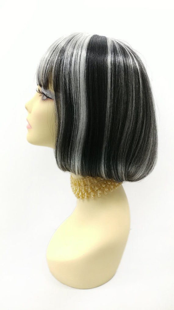 Black With White Streaks Short Bob Wig Straight W/ Bangs. Page - Etsy