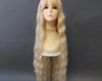 40 Inch Long Wavy Light Golden Blonde Heat Resistant Synthetic Wig with Bangs Costume Cosplay [PW9249-GoldenBlonde]