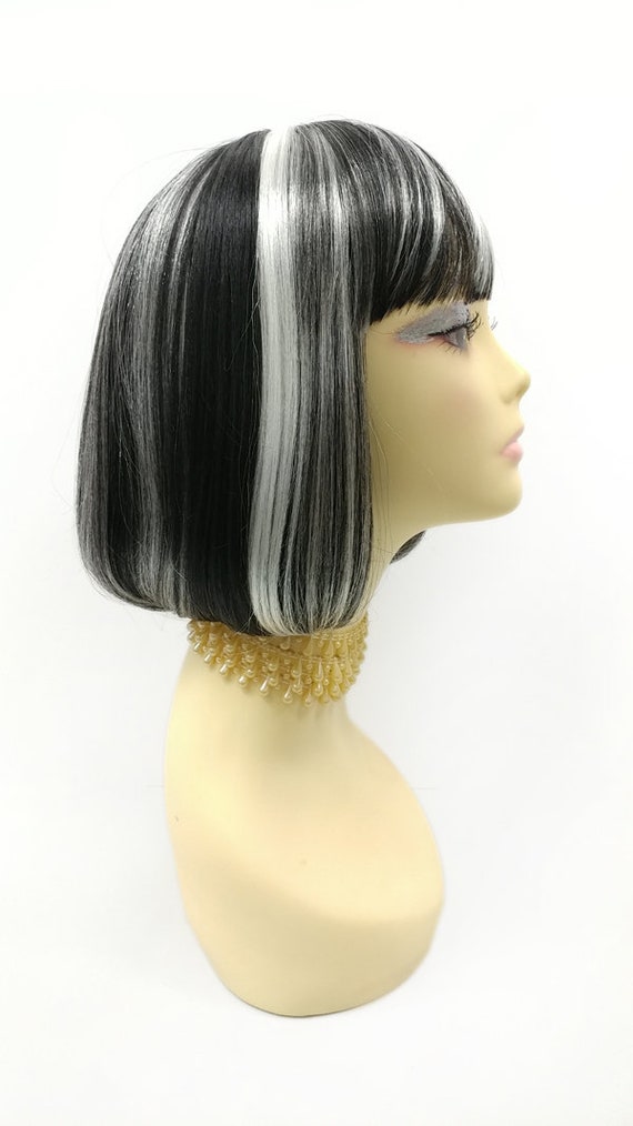 Black With White Streaks Short Bob Wig Straight W Bangs Page Etsy