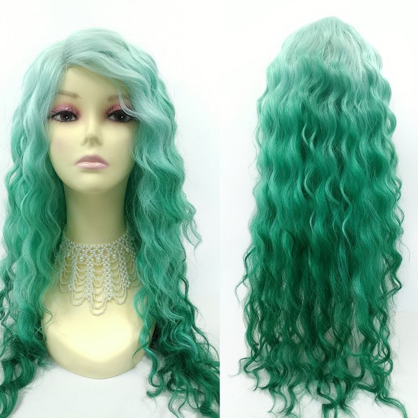 Long 24 inch Spearmint Green Lace Front Heat Resistant Long Wavy Wig. Side Part Deep Wave Wig. Fairy Mermaid Wig. [90-451-Sunset-SGreen]