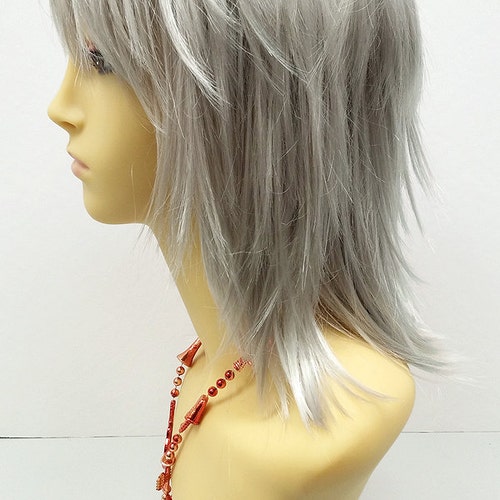 12 inch Silver Grey Shag Style Wig. Straight and Layered w/ Bangs. Cosplay Wig. [12-78-Cosmic-Silver]