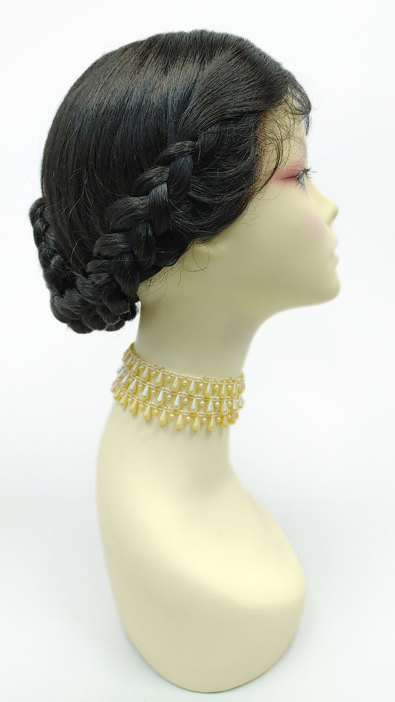 Edwardian Gloves, Handbags, Hair Combs, Wigs Off Black Lace Front Braided Chignon Bun Wig. Center Part Heat Resistant Heidi Wig [176-841A-Claire-1B] $79.95 AT vintagedancer.com