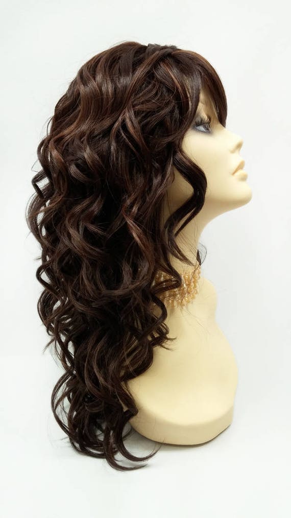18 Inch Dark Brown With Dark Copper Highlights Curly Wig With Bangs Heat Resistant Synthetic Fashion Wig 124 578 Zoey 4 30