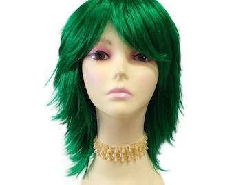 Peluca de cosplay de anime de 12 pulgadas, estilo shag, color verde oscuro, lisa y en capas con flequillo [Cosmic-DGreen]