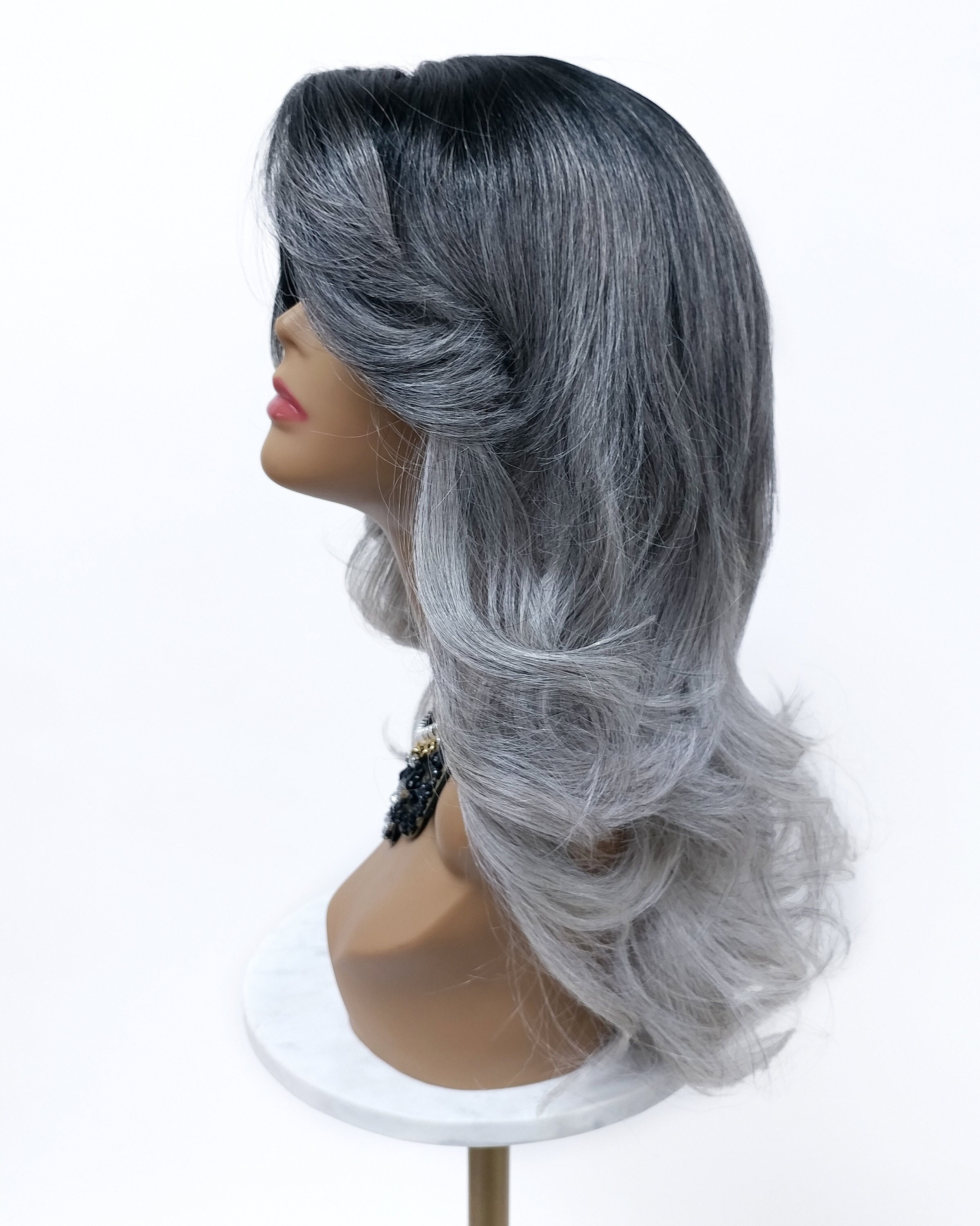 Long Straight Wavy Texturized Gray Ombre Heat Resistant Wig 18 Inch Long Straight and Wavy Coarse Texturized Gray Ombre  main image 4
