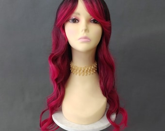 Black and Berry Red Magenta Mix Long Wavy Synthetic Wig Heat Resistant Bangs Costume Cosplay 24 Inch [Vandala-MidnightBerry]