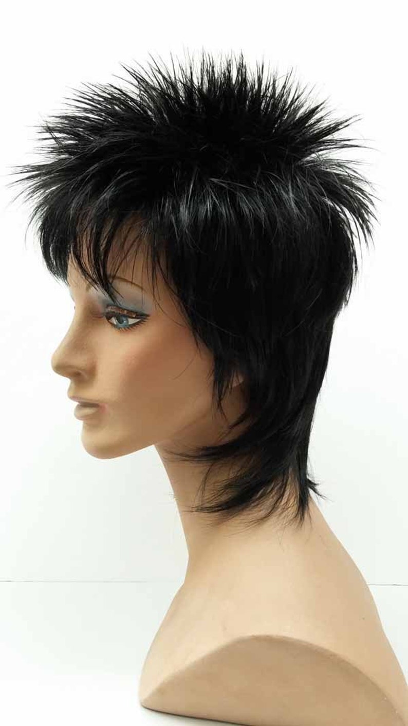 Black Rocker Rod Stewart Style Spiky Black Wig 10-60A-Rod-1B image 1