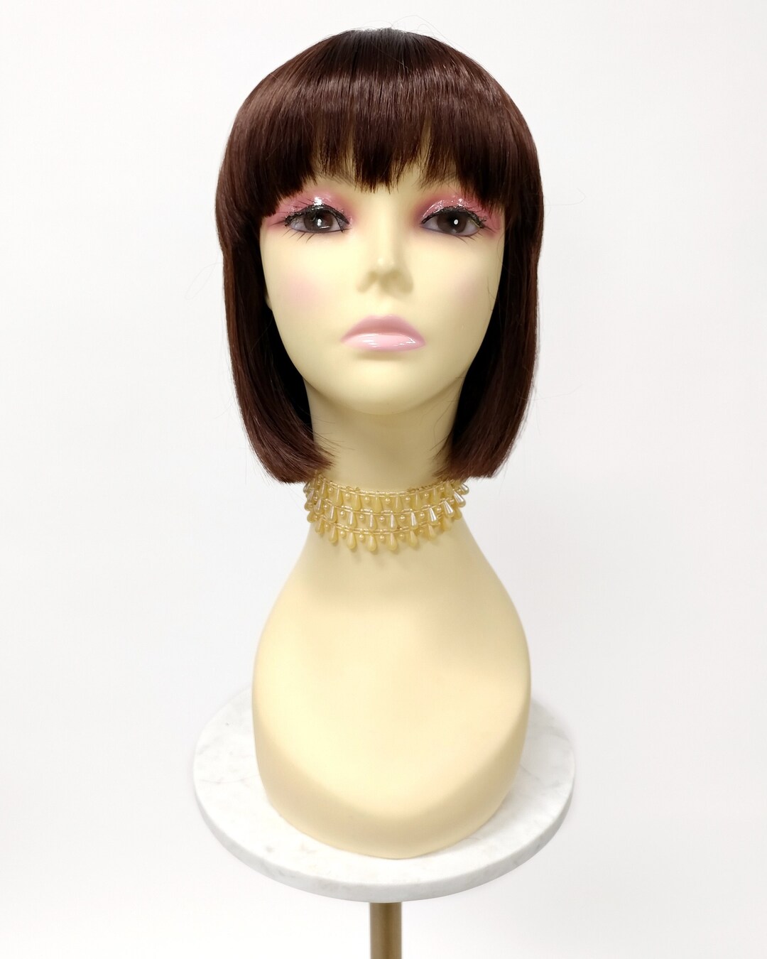Dark Auburn Short Bob Wig Straight With Bangs. Page Boy Wig 0848b